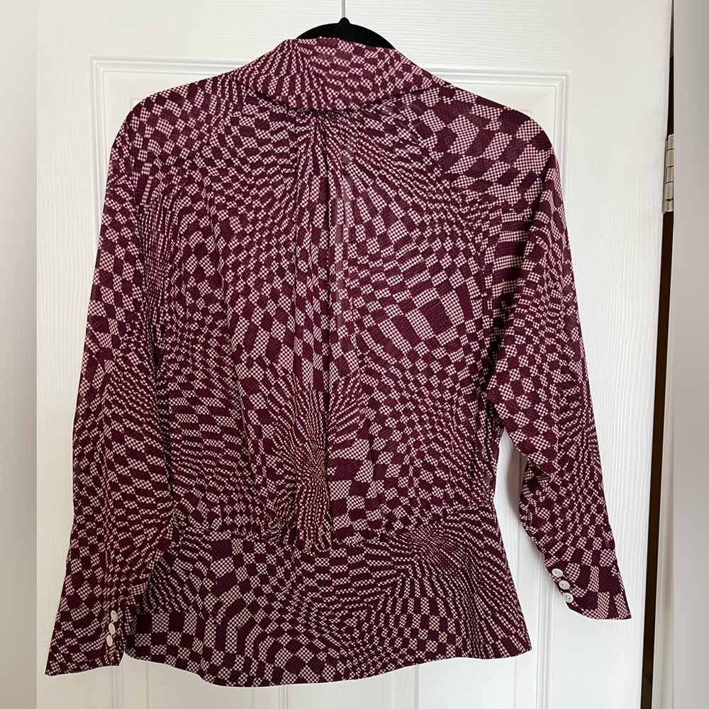 Topshop Idol Burgundy Print Mock Neck Open Back Blouse Size 6